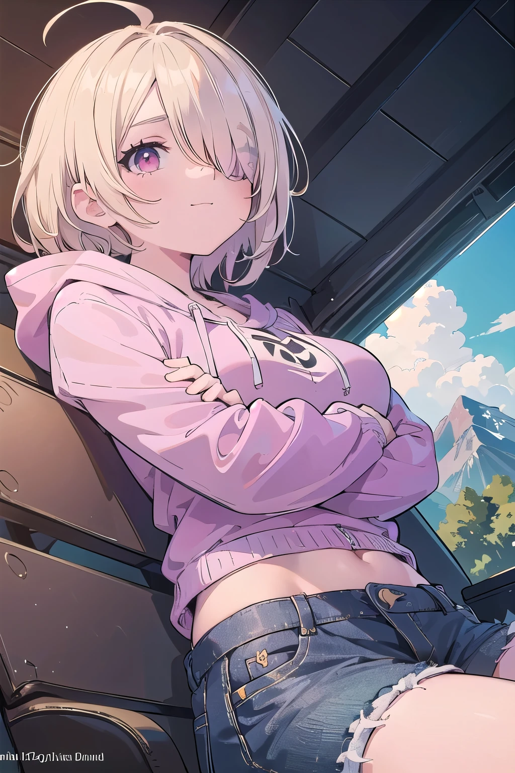 (masterpiece:1.2), (highest quality:1.2), perfect eyes, perfect face, perfect lighting, mountainous horizon, 1 boy,blonde　Upper body, big breasts　red eye, ((((((hair over one eye,)))))), a braid, spike hair, dull bangs, bob hair, Ahoge, cute eyes, Medium chest, , (((from below))), open mouth, vivid description,orgasm, I was scared, Ahegao, smile+Happy, tooth, anger, From the side, She is wearing pink shorts with jeans textured lace, wears hoodie in yellow modern style fashion, sitting, crossed arms, 