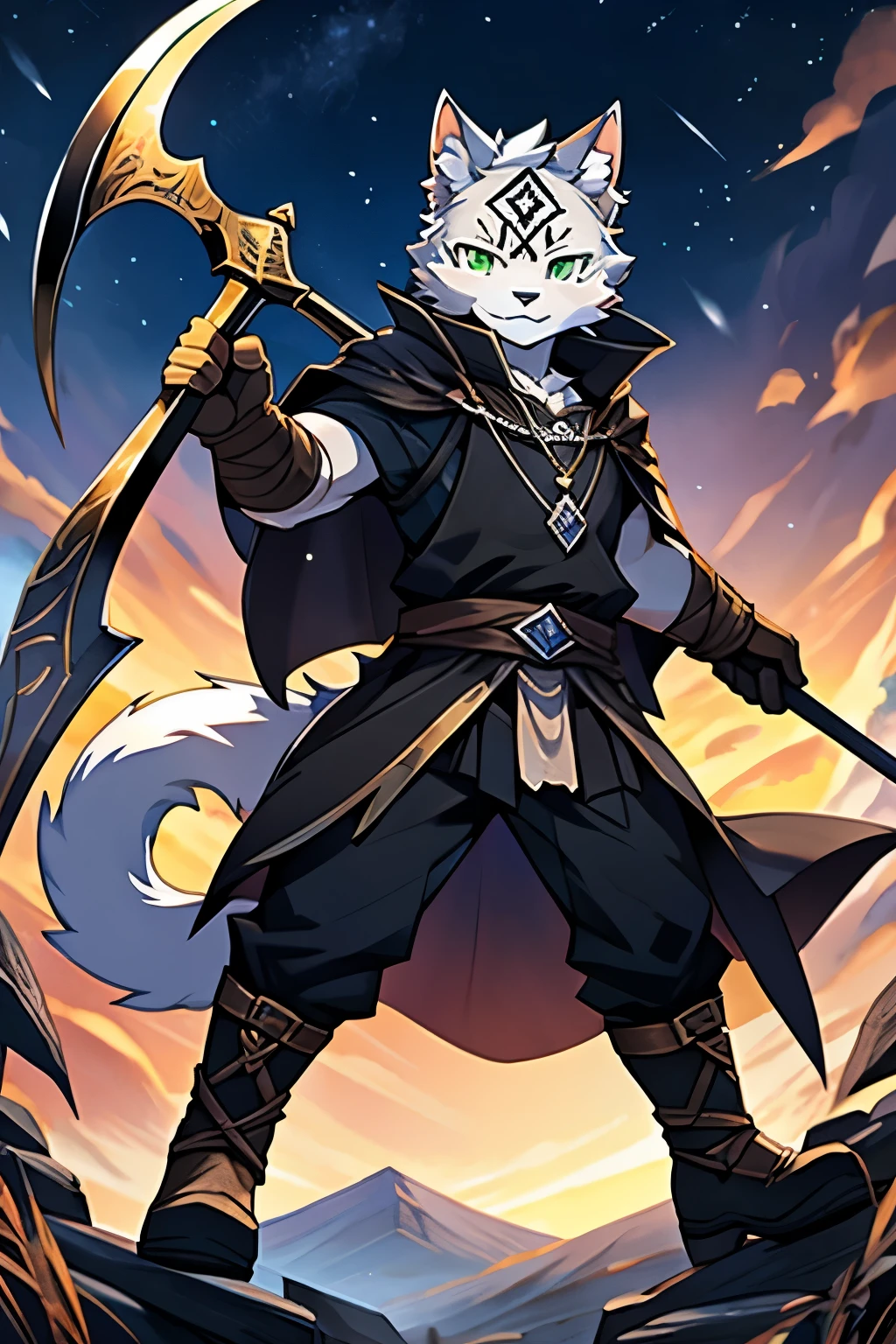 hairy,1 boy, white cat boy,young,middle earth,exquisite, detailed,clear,dynamic poses,black grim reaper outfit,green eyes,There is an iron ring at the tail,There is a pendant on the chest,Black inverted triangle tattoo on forehead,white fur,short hairy tail,black gloves,There is a black bandage on the leg,Holding a large scythe in hand,clear面部,No pattern on the body,Dress conservatively and not expose yourself,