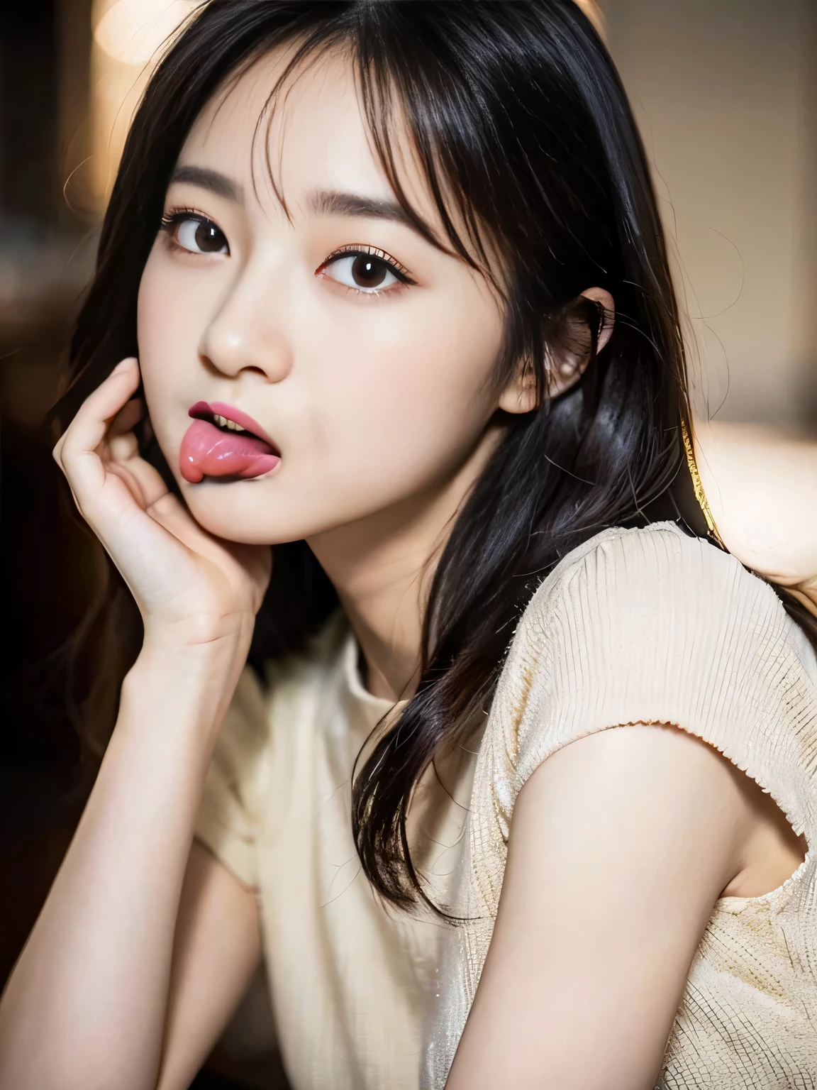 ((stick out a wet tongue))、((half open mouth))、((pink gloss lip gloss))、(((The look of waiting for a kiss)))