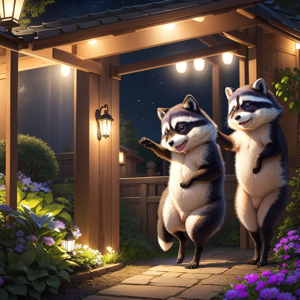 masterpiece、night garden、Moonlight night、A raccoon dog is dancing happily in the garden。