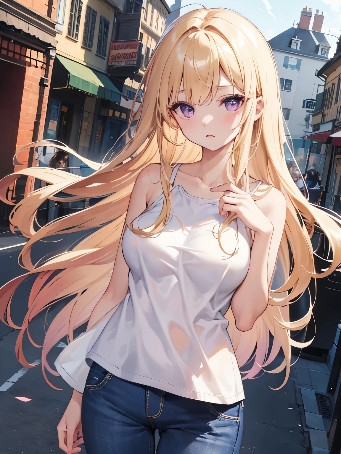 8K, highest quality, masterpiece, super detailed、blonde、young face、medium long hair、wavy hair、medium breasts、Pale purple eyes、full lips、 、Straight Hair、、whole body、lipstick、、whole body visible、slanted eyes、tank top jeans、商店街をwalking、sneakers、walking、looks fun、perfect hands、detailed hands、townscape