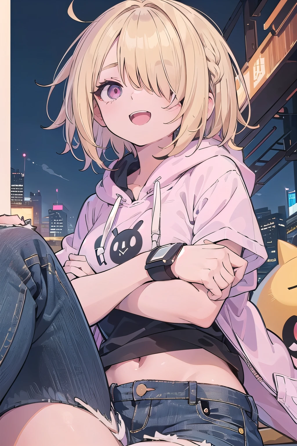 (masterpiece:1.2), (highest quality:1.2), perfect eyes, perfect face, perfect lighting, mountainous horizon, 1 boy,blonde　Upper body, big breasts　red eye, ((((((hair over one eye,)))))), a braid, spike hair, dull bangs, bob hair, Ahoge, cute eyes, Medium chest, , (((from below))), open mouth, vivid description,orgasm, I was scared, Ahegao, smile+Happy, tooth, anger, From the side, She is wearing pink shorts with jeans textured lace, wears hoodie in yellow modern style fashion, sitting, crossed arms, (looking up:1.3), (face close up:1.3)