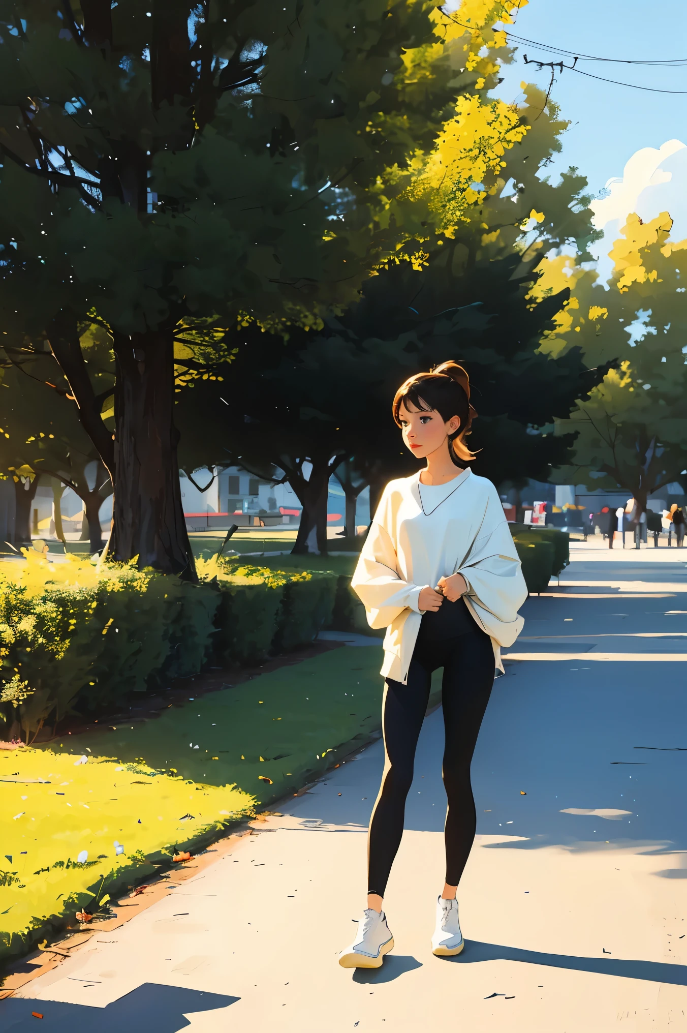 ((large scale))((best quality)), ((masterpiece)), (detailed), perfect face,late winter city park,blue sky,white clouds,(tall buildings in the distance ), big tree forest ,wide golden lawn(There is no way),people walking,Still cold late winter,Holding a white cute little dog, wearing black leggings and white sportswear, putting both hands in the pockets of the clothes,animated movie 여성, realistic mature woman, Illustration, animated movie , realistic art style, 현실적인 animated movie 아트 스타일, 현실적인 animated movie 아트 스타일, Ilya Kuvshinov with long hair, animated movie 스타일로, woman in front of mysterious park(masterpiece:1.4), (best quality:1.4),Woman wearing tight sportswear,vivid colors, soft focus, light leak, dreamy atmosphere, experimental charm, Retro charm break color field painting, various colors, abstract expressionism, Bold colors, emotional impact, atmospheric depth, MINIMALIST APPROACH BREAK, Beautiful woman, UHD (ultra detail) viewers who see it.., different, fancy, leggings clothing, absurd, high resolution, 매우 detailed, (1 woman : ), vivid colors, soft focus, light leak, Stand straight in the middle of the park, turn around in front of the park forest and look to the left of the camera with only your face.,woman looking at,I see a bench in front,Long bleached brown hair in a single ponytail((whole body))Taken from the back of citizens shopping
