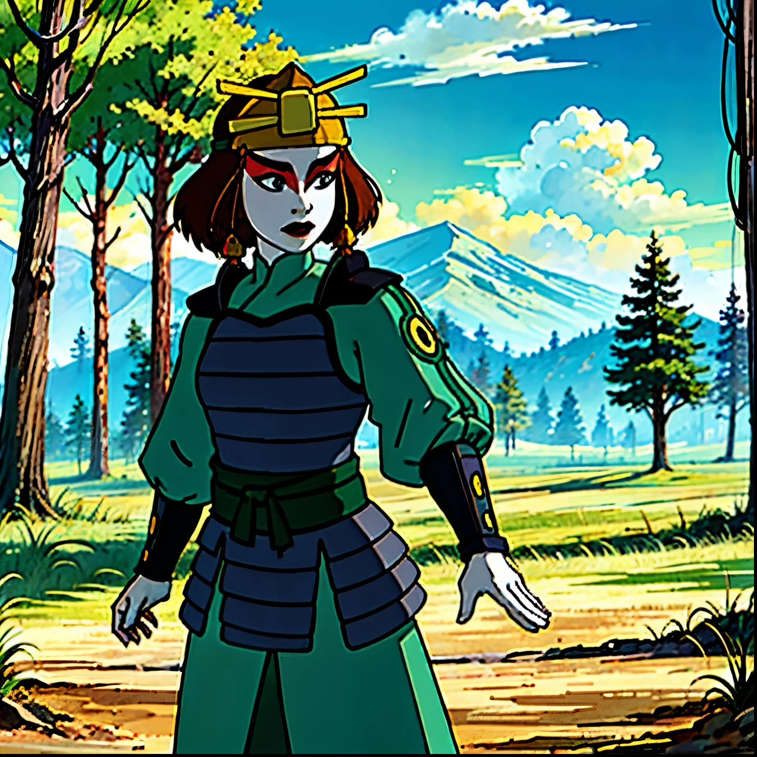 (Obra maestra), (Mejor calidad: 1.0), (ultra high resolution: 1.0), wallpaper, detailed illustration, 8K, dinamic pose, misticismo, controlando poder, viento sopla fuerte, image transmits a lot of energy, gran falda verde, cara bonita, cara detallada, gran sonrisa, ojos bonitos, ojos detallados, una mujer, Guerrero solitario, en un bosque encantado, Standing in a dynamic pose, traje y armadura, cara alegre y sonriente, algo afligido, cabello corto, mirando al espectador, lleno de vida, es una noche hermosa, lleno de colores brillantes y magia, green forest full of magical plants, explosion of colors