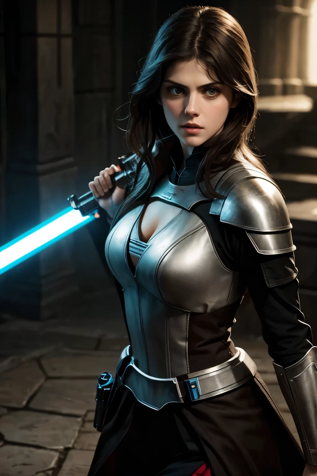Alexandra Daddario is a Knight Jedi, from star wars, using a lightsaber, ultra detailed
