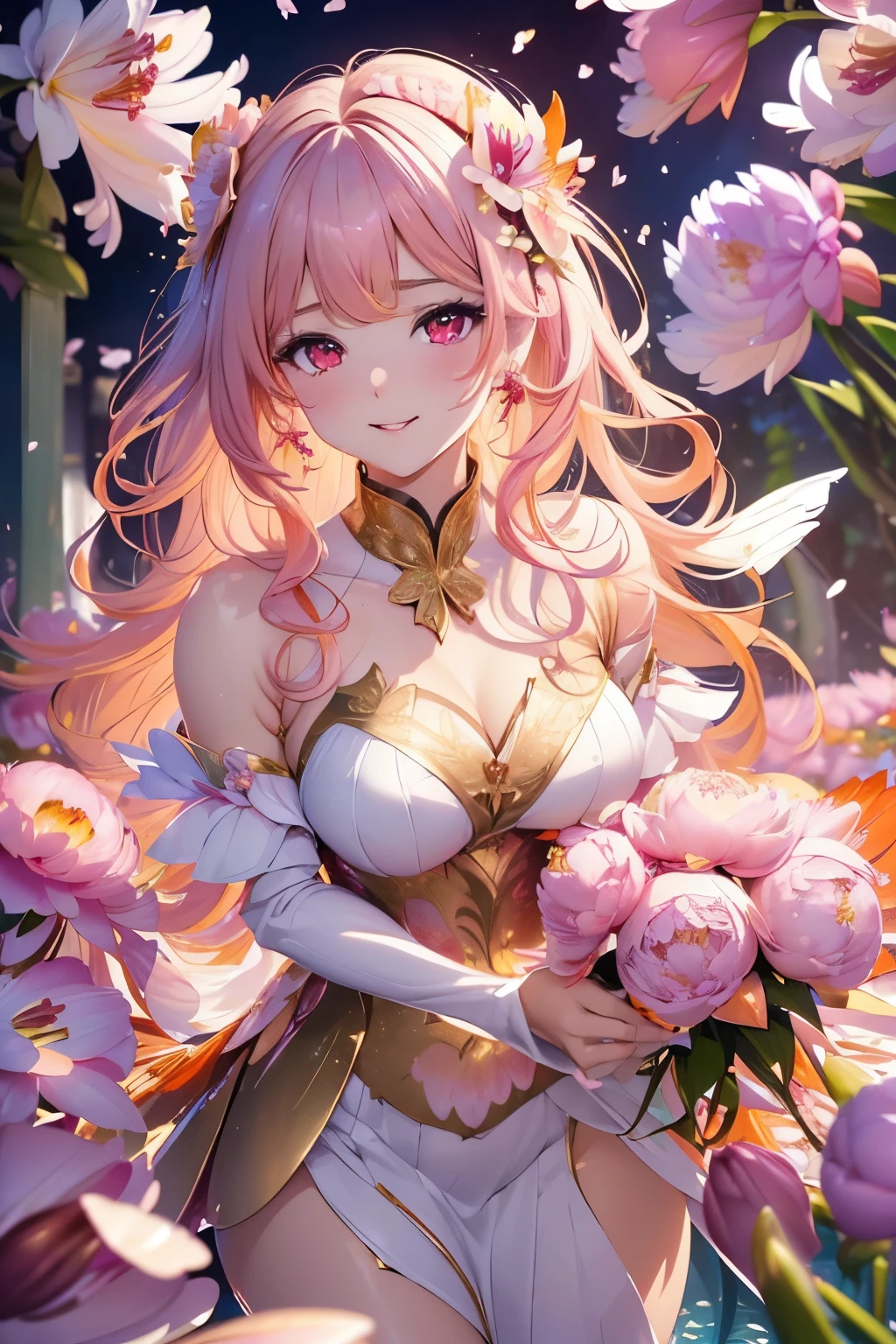 best quality, 32k, RAW photo, incredibly absurdres, extremely detailed, delicate texture, beautiful slender and sharp face, knee shot, wearing translucent iridescent hagoromo, amorous and lewd expression, side braided hair, metallic red eyes, superlative body proportion, pastel color, background (fractal art, art design, (peonies, pink lilies, orange lilies), falling cherry blossom petals and gold dust:1.3)