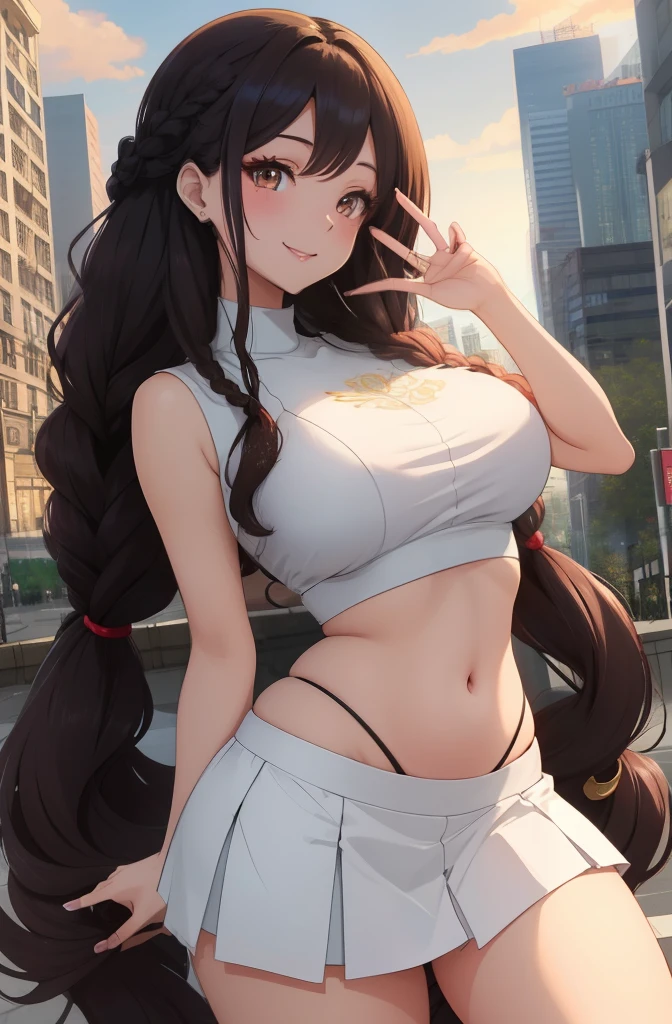 anime, 28 year old woman, taking a selfie, mischievous smile, long hair, dark hair color, stylish hairstyle, side hair long lush hair, long curls of hair pulled to the sides, Braids within the hair, curvy body, proportional body, sexy girl, beautiful mature girl, lovable character, crop top, short skirt, clarity, detailed, detailed face, very detailed drawing, smile, flirty look, city background,  saturated background, perfect composition, soft natural volumetric cinematic perfect light, masterpiece