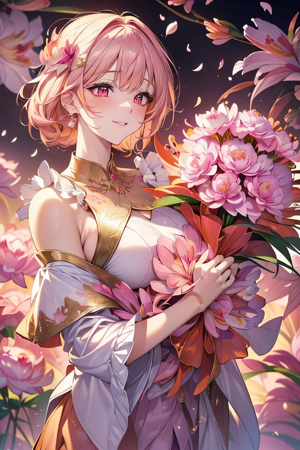 best quality, 32k, RAW photo, incredibly absurdres, extremely detailed, delicate texture, beautiful slender and sharp face, knee shot, wearing translucent iridescent hagoromo, amorous and lewd expression, side braided hair, metallic red eyes, superlative body proportion, pastel color, background (fractal art, art design, (peonies, pink lilies, orange lilies), falling cherry blossom petals and gold dust:1.3)