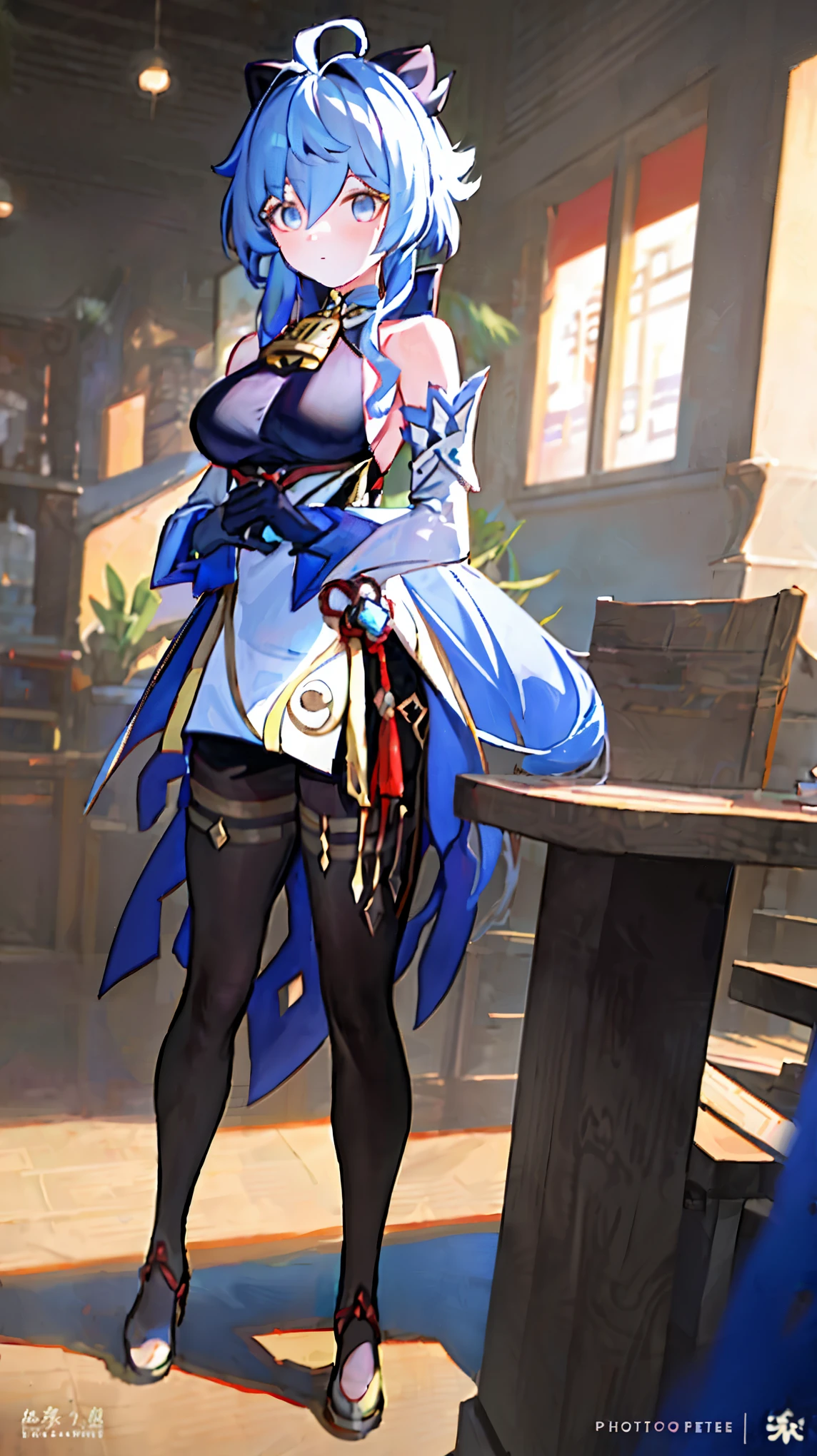 (photoactual:1.4), (masterpiece, side light, Delicate and beautiful eyes: 1.2), masterpiece*portrait, actual, 3d face, 
employment \(Genshin Impact\), 1 girl, ahog, architecture, Bangs, bare shoulders, bell, black Gloves, black pantyhose, (blue hair), blush, breast, Chinese knot, Detached sleeves, rosette, Gloves, trumpet, long hair, looking at the audience, medium breast, neck bell