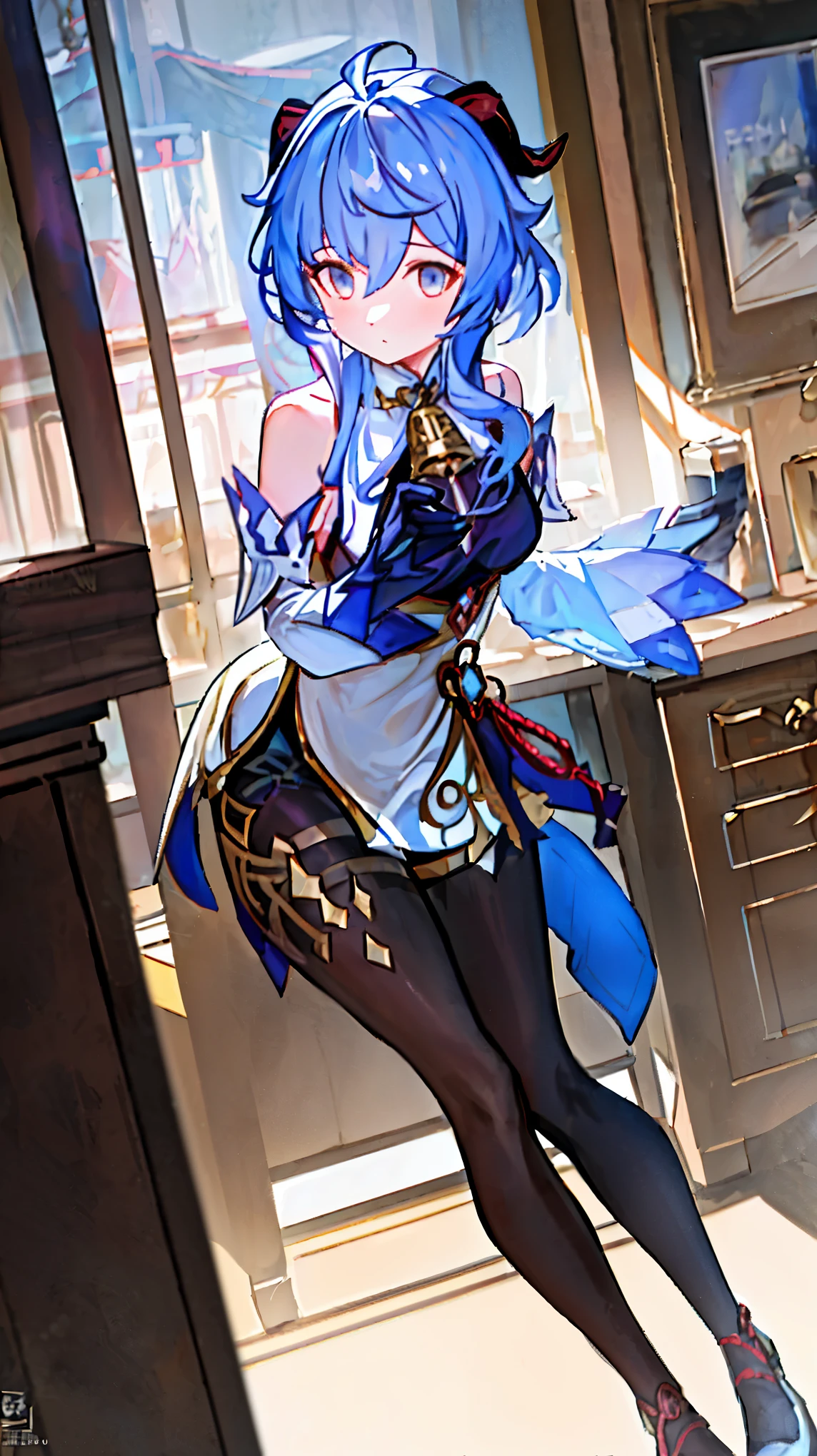 (photoactual:1.4), (masterpiece, side light, Delicate and beautiful eyes: 1.2), masterpiece*portrait, actual, 3d face,
employment \(Genshin Impact\), 1 girl, ahog, architecture, Bangs, bare shoulders, bell, black Gloves, black pantyhose, (blue hair), blush, breast, Chinese knot, Detached sleeves, rosette, Gloves, trumpet, long hair, looking at the audience, medium breast, neck bell