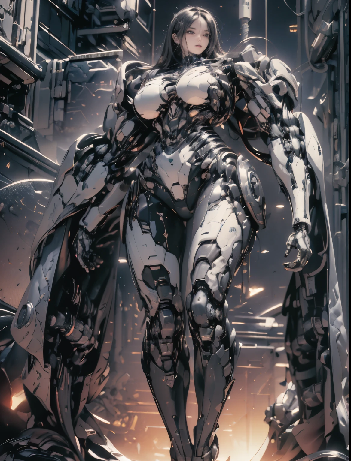 masterpiece，（best quality）Giant Cyberpunk Female Mechanical Titan，Breasts assembled with giant carbon fiber mechanical structural modules，Ruins of dilapidated underground city at night