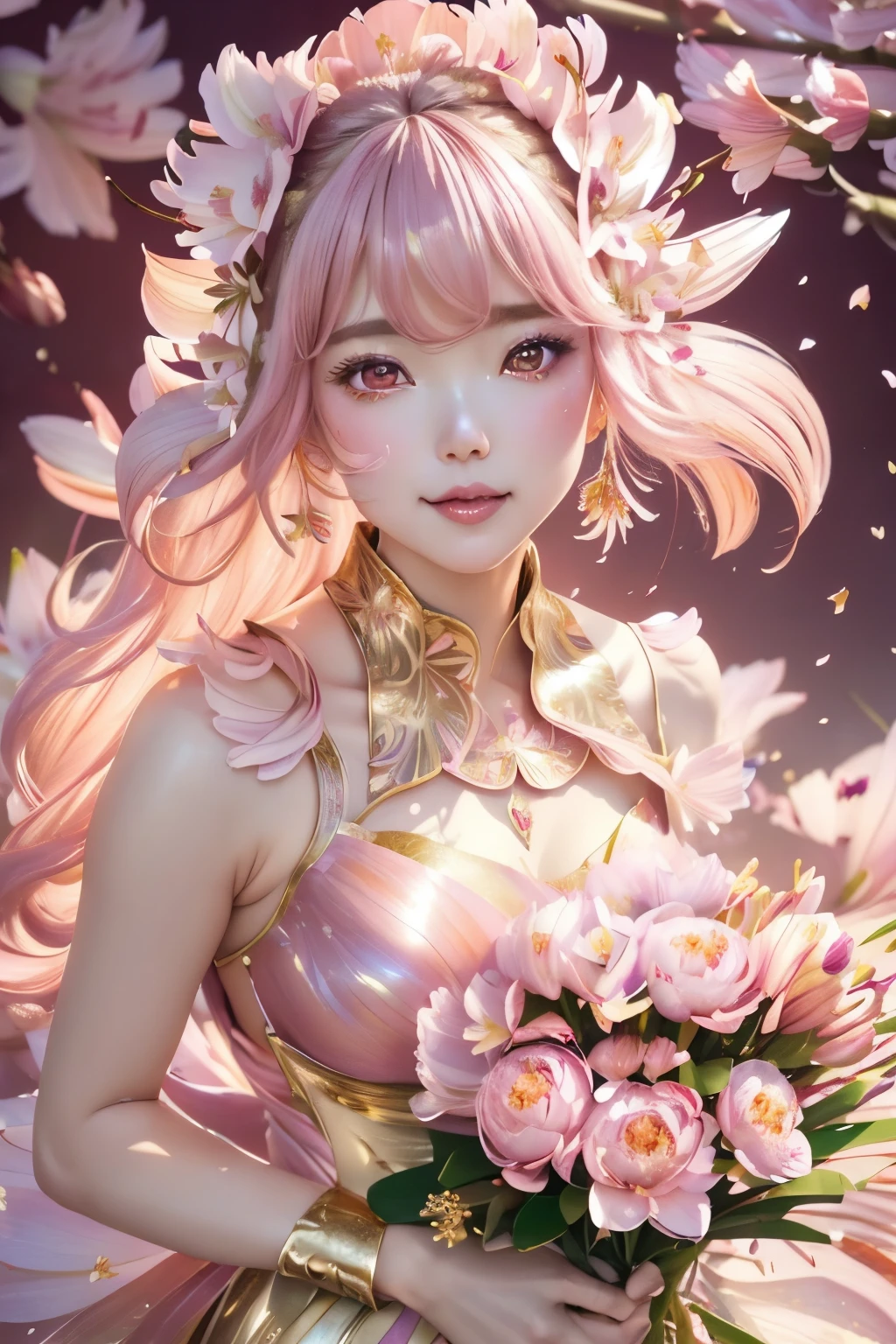 best quality, 32k, RAW photo, incredibly absurdres, extremely detailed, delicate texture, beautiful slender and sharp face, knee shot, wearing translucent iridescent hagoromo, amorous and lewd expression, side braided hair, metallic red eyes, superlative body proportion, pastel color, background (fractal art, art design, (peonies, pink lilies, orange lilies), falling cherry blossom petals and gold dust:1.3)