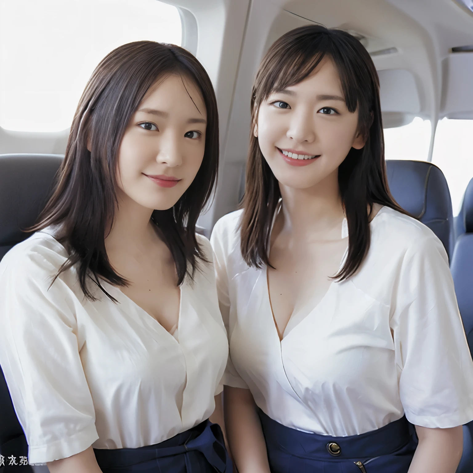 highest quality, masterpiece, 8k, 超A high resolution, (Photoreal:1.4), identical twin sisters、beautiful face、symmetrical eyes、big breasts、perfect body proportions、cleavage、See stewardess listener、laughter、(Inside the plane:1.2)、View from the front、shoulder、Absolute area(1.3)、