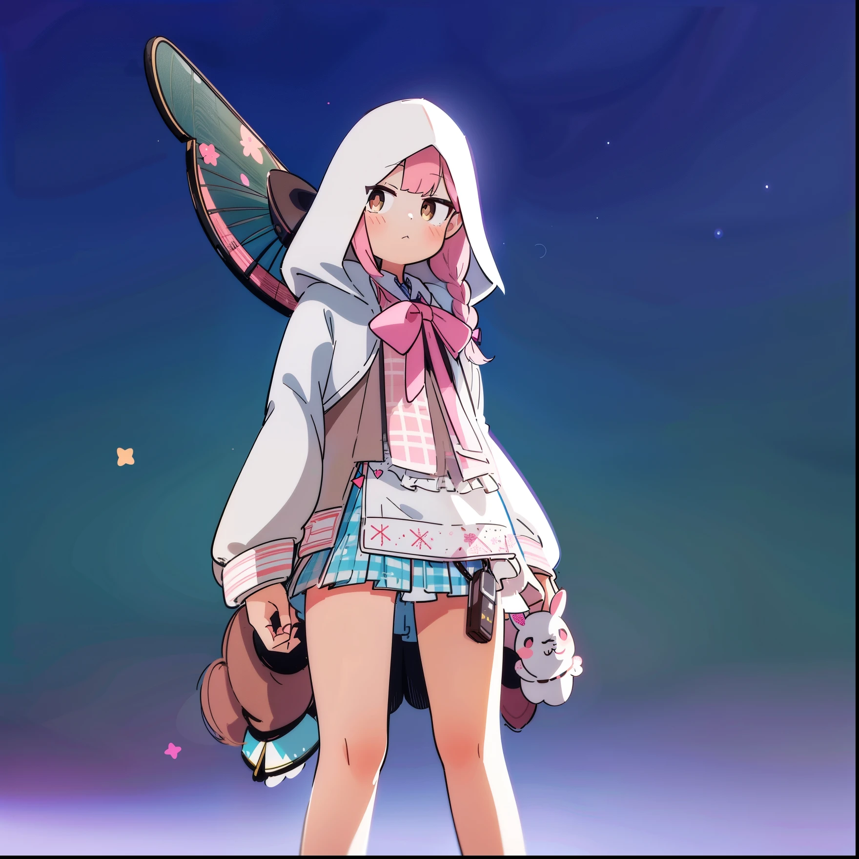 high resolution 1girl ahoge bobby_pin bow bowtie braid brOwn_eyes collared_shirt dojikko_Pause_shirt frilled_shirt_color free joint_skirt frills hair_bow hair_ornament hairpin hand_upon_Own_head, heart, heart_hair_decorative hood_jacket jacket lupong_hair upone_eye_closed pentagon pink_hair plaid plaid_ribbon plaid_pleated skirt_skirt shirt shoelaces shoes simple_background standing skirt solo star_(symbol) twin_Braid wariza white_background white_Thighhighs, whole body, hood hoodie