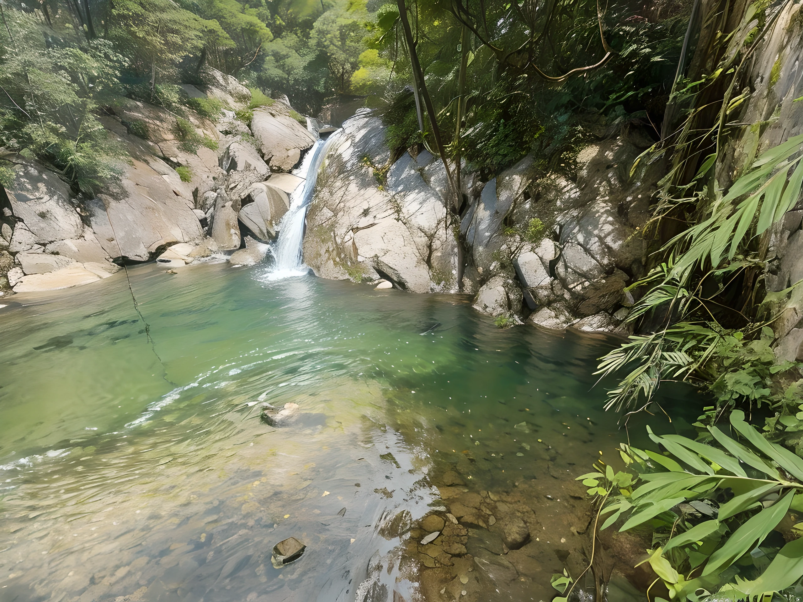 High detail, 8K, ultra HD, high quality, Anime studio, create a image relistict, best lighting , waterfall beautifull, perfect light, Daylight, Foggy blur, dreamer color, Epic images, beautiful girl lie on the water suface,