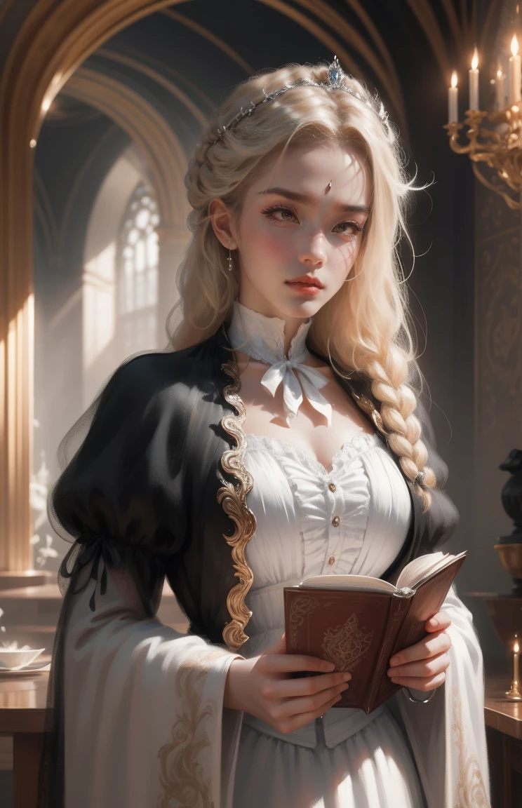 { - anatomy error}(Masterpiece - Ultra-detailed, very high resolution) Prepare to be enchanted by a true masterpiece that combines ultra-detailed art with high-resolution rendering. This work depicts a mesmerizing woman with very long blond hair (1.3) and captivating gray eyes (1.2), emanating an aura of elegance and mystery in Victorian settings. The intricate details and realistic textures invite you to explore every aspect of this enchanting composition. Woman wearing beautiful classic Victorian costume from the year 1878. Red lips. Happy face. Smiling. white (white) dress. segurando um livro, dynamic poses. Get ready to dive into a world where beauty and craftsmanship merge perfectly.