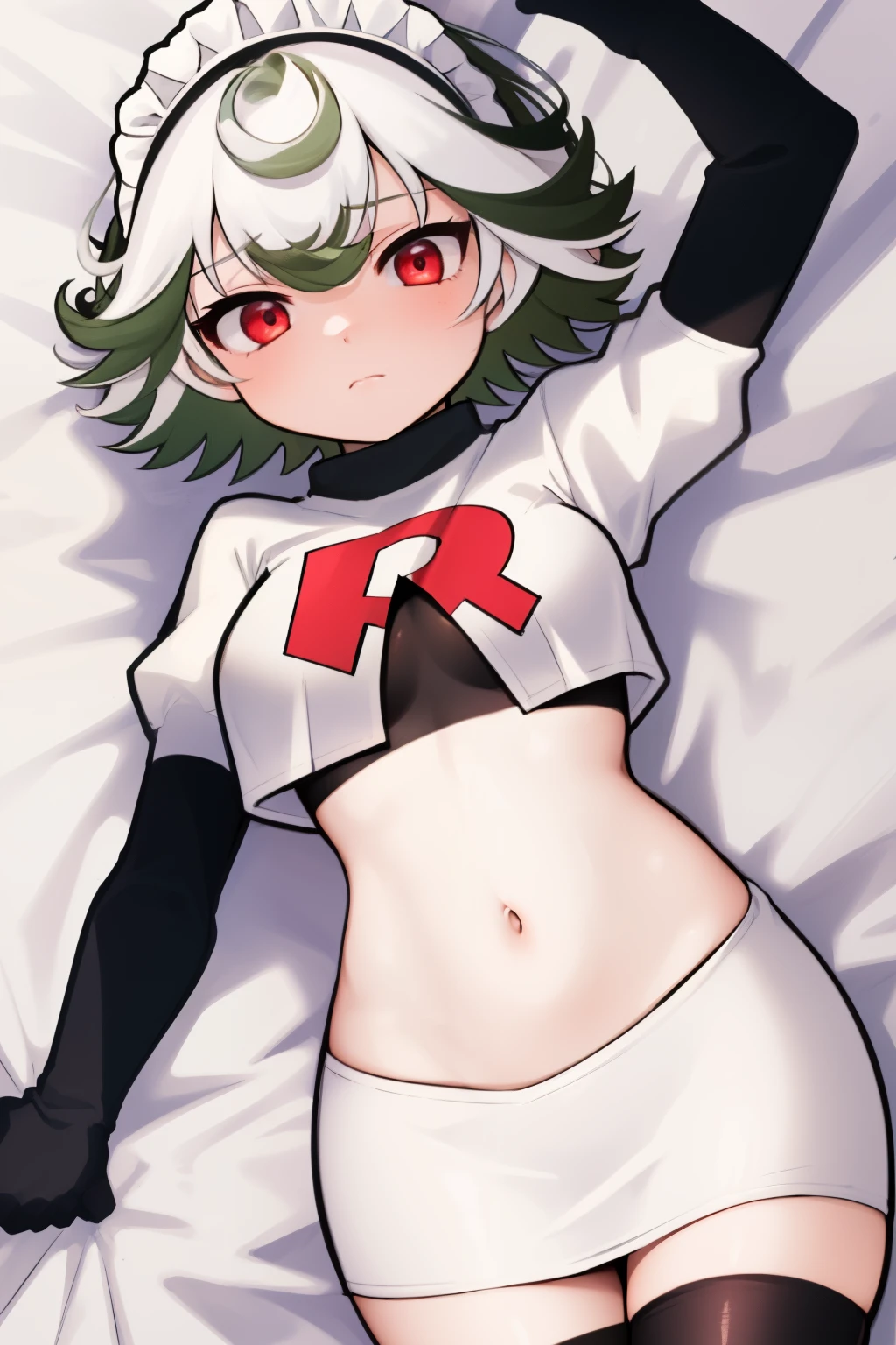 1girl, prushka, short hair, multicolored hair, medium breasts, maid headband,  looking at viewer, :\, team rocket,team rocket uniform,white skirt,red letter R,crop top,black thigh-highs,black elbow gloves