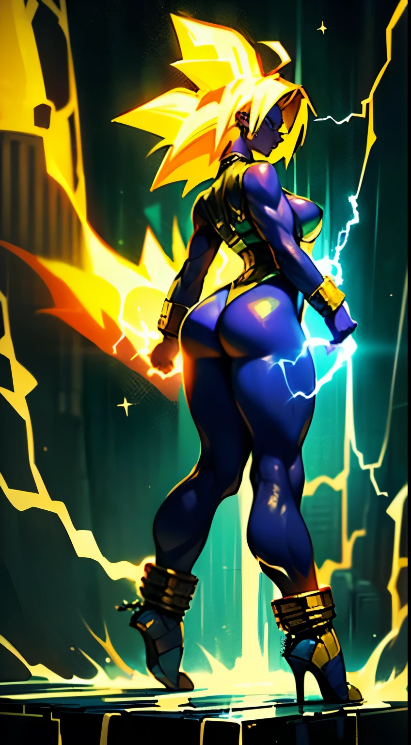 8k full body view 1woman, ((body made of glowing energy:1.4)), (no face:1.5), silver skin, (pale skin:1.5), (big hair woman:1.4), ((super saiyan hair:1.4)) ((stands confident)), ((side view)), highly detailed, ((large ass:1.2)), ((gigantic breasts:1.1)), majestic, (((electrical energy))),(leotard), digital photography, (masterpiece, sidelighting, intricate details)