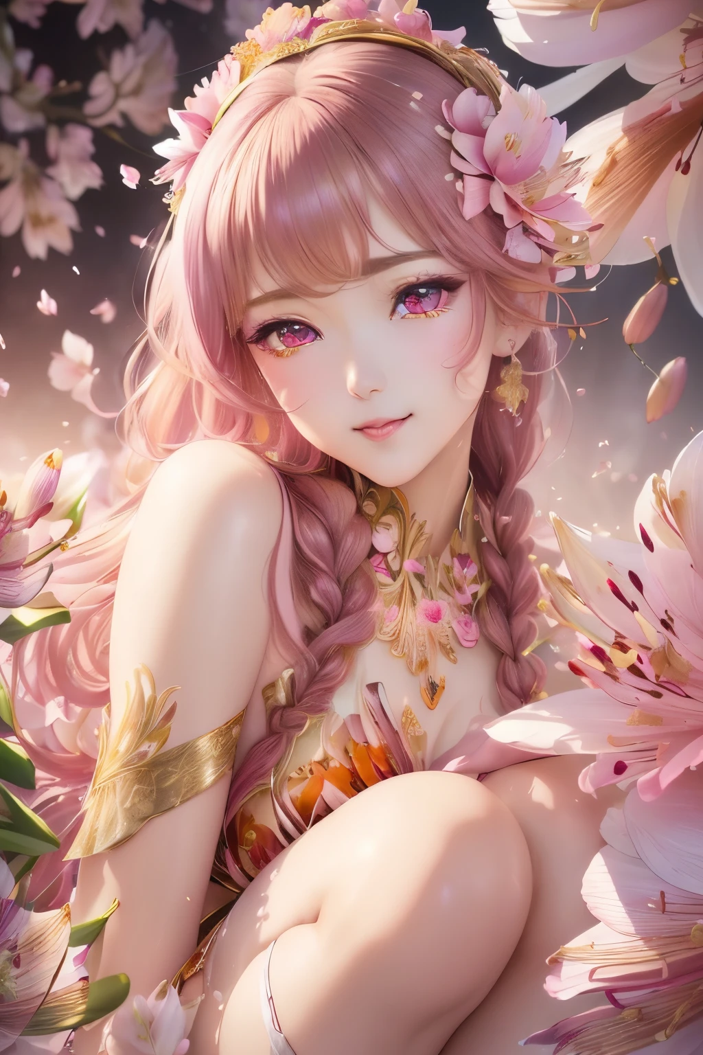 best quality, 32k, RAW photo, incredibly absurdres, extremely detailed, delicate texture, beautiful slender and sharp face, knee shot, wearing translucent iridescent hagoromo, amorous and lewd expression, side braided hair, metallic red eyes, superlative body proportion, pastel color, background (fractal art, art design, (peonies, pink lilies, orange lilies), falling cherry blossom petals and gold dust:1.3)