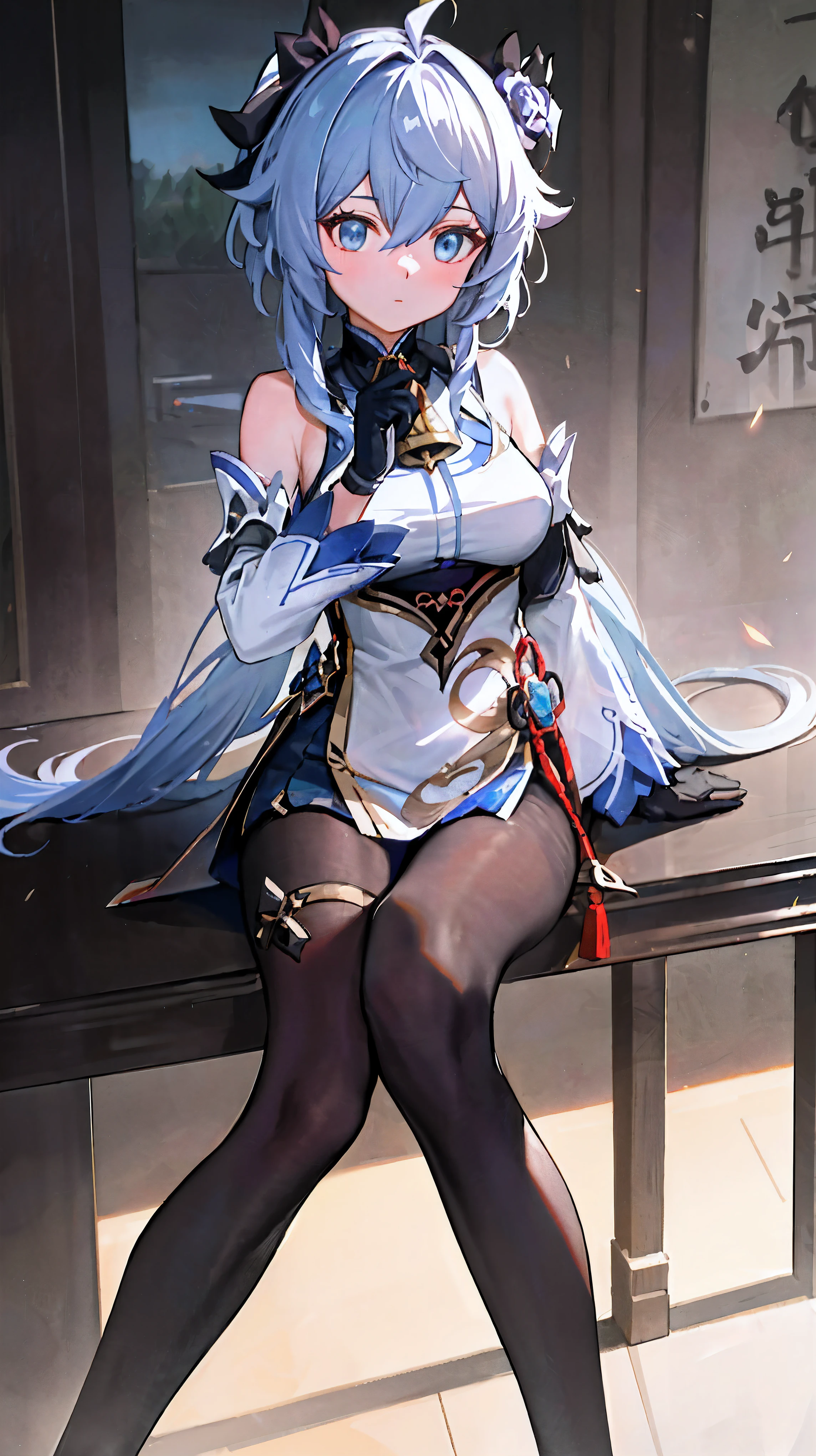(photoactual:1.4), (masterpiece, Side light, Exquisite and beautiful eyes: 1.2), masterpiece*portrait, actual, 3d face,
employment \(Genshin Impact\), 1 girl, Alcohol, architecture, Bangs, bare shoulders, bell, black Gloves, black pantyhose, (blue hair), blush, Chest, Chinese knot, Detached sleeves, rosette, Gloves, trumpet, long hair, looking at the audience, medium Chest, neck bell