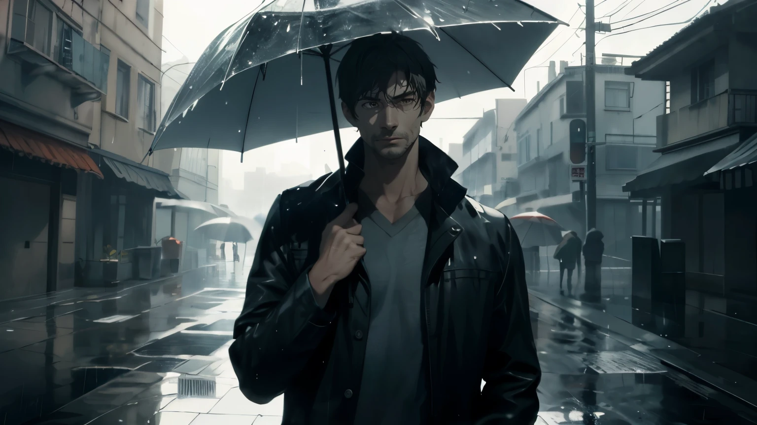 Ultra-realistic 8K CG, masterpiece, best quality, a man, solo, ruggedly handsome, short hair, rain-soaked, fine and detailed facial features, droplets of rain on eyelashes and nose, umbrella in hand, pensive expression, puddles on the ground reflecting the surrounding environment, grey and gloomy sky, raindrops shimmering in the sunlight, refined texture and depth, the man's clothing clinging to his body, damp and cold atmosphere, overall sense of melancholy and introspection.