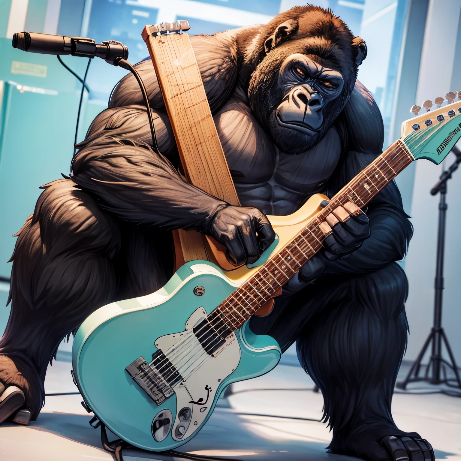 a gorilla, cartoon, holding guitar, full body