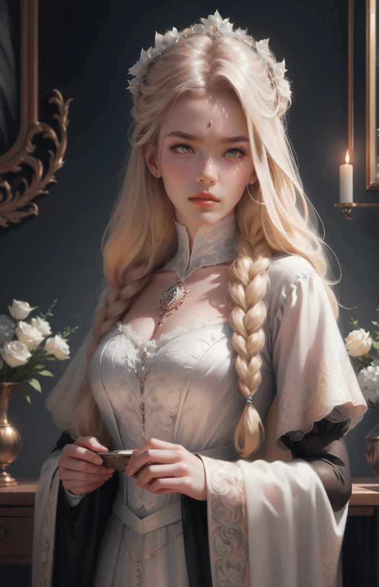 { - anatomy error}(Masterpiece - Ultra-detailed, very high resolution) Prepare to be enchanted by a true masterpiece that combines ultra-detailed art with high-resolution rendering. This work depicts a mesmerizing woman with very long blond hair (1.3) and captivating gray eyes (1.2), emanating an aura of elegance and mystery in Victorian settings. The intricate details and realistic textures invite you to explore every aspect of this enchanting composition. Woman wearing beautiful classic Victorian costume from the year 1878. Red lips. Happy face. Smiling. white (white) dress. falando ao telefone, dynamic poses. Get ready to dive into a world where beauty and craftsmanship merge perfectly.