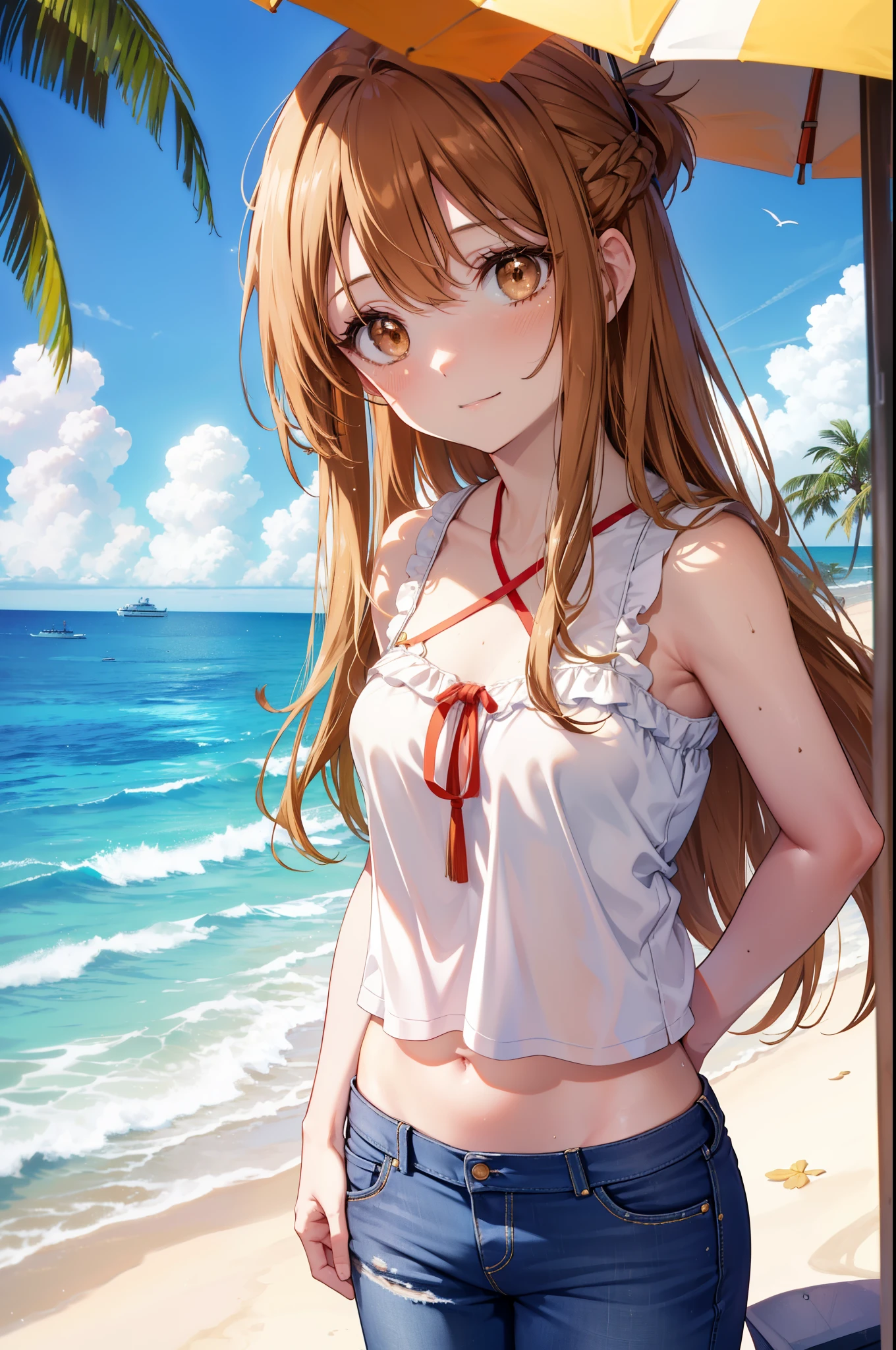 asunayuuki, asuna yuuki, long hair, brown hair, (brown eyes:1.8), medium chest,mouth open,smile,blush,sleeveless shirt,It&#39;s a bellybutton,short denim pants,Palm tree,parasol,beachチェア,looking down from above,put your hands behind your back,
break outdoors,beach,sandy beach, sun, null,
break looking at viewer,
break (masterpiece:1.2), highest quality, High resolution, unity 8k wallpaper, (figure:0.8), (detailed and beautiful eyes:1.6), highly detailed face, perfect lighting, Very detailed CG, (perfect hands, perfect anatomy),