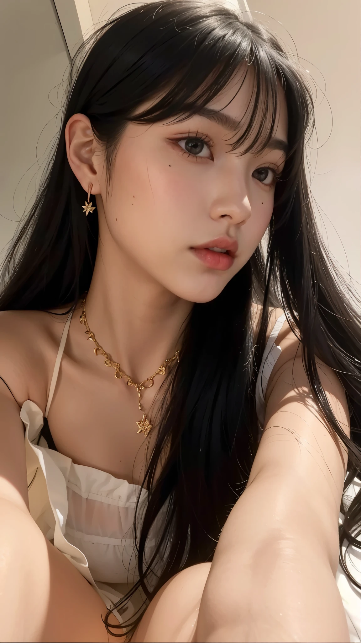 a close up of a woman with long black hair wearing a necklace, xision wu, lalisa manobal, dilraba dilmurat, sha xi, gemma chen, 18 years old, she has black hair with bangs, gongbi, lulu chen, bae suzy, 2 2 years old, lily frank, xintong chen, kiko mizuhara