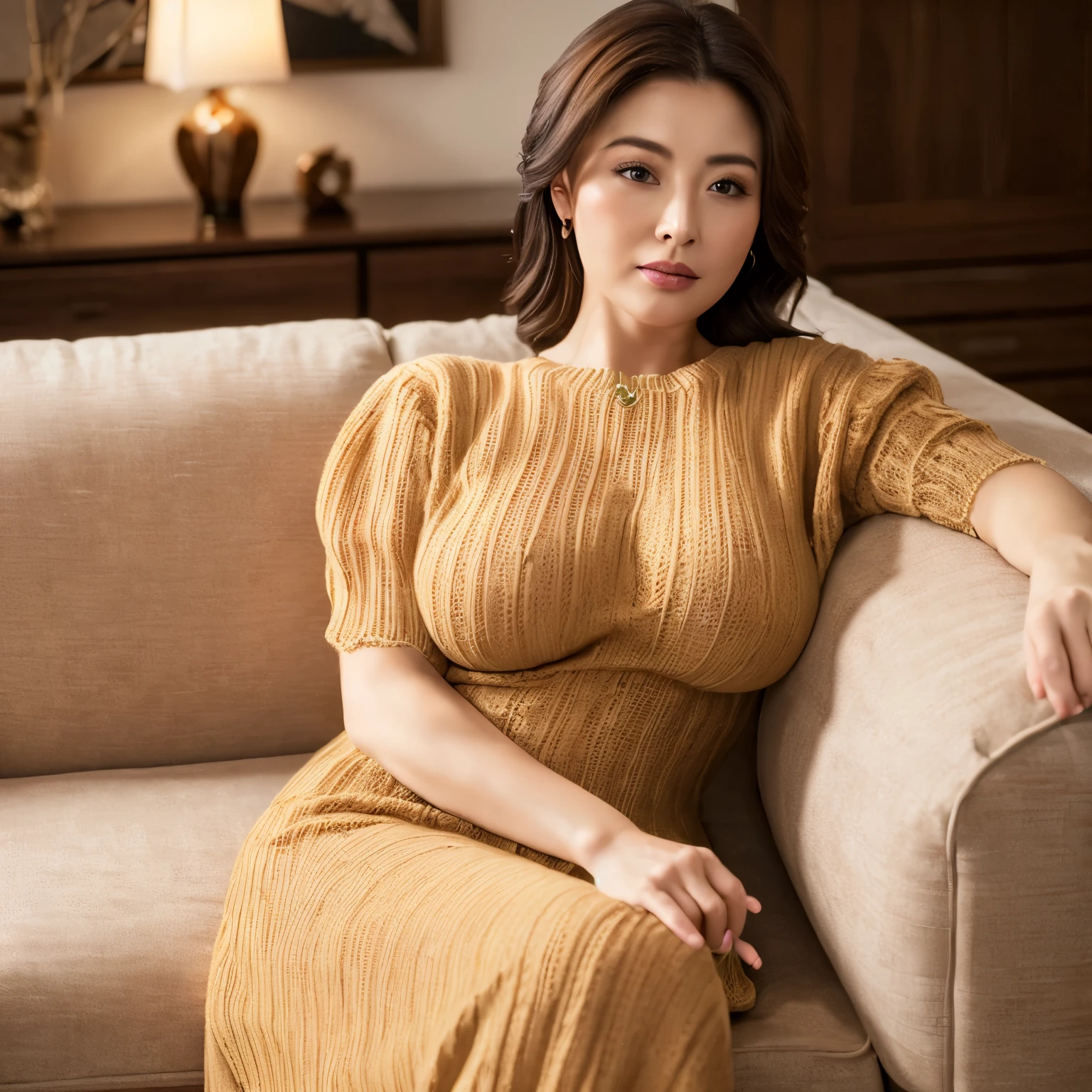 ((highest quality、8K、masterpiece:1.3))、40 generation women,Bewitching, indoor,sofa, A woman with big breasts and a slender body,full body shot, double eyelid, beige knit dress, sexy, serious expression,orgasm