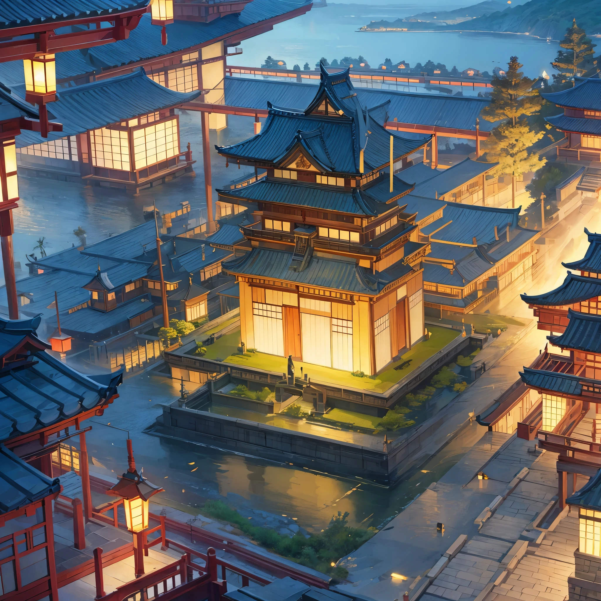 a Japanese castle on the yellow rays