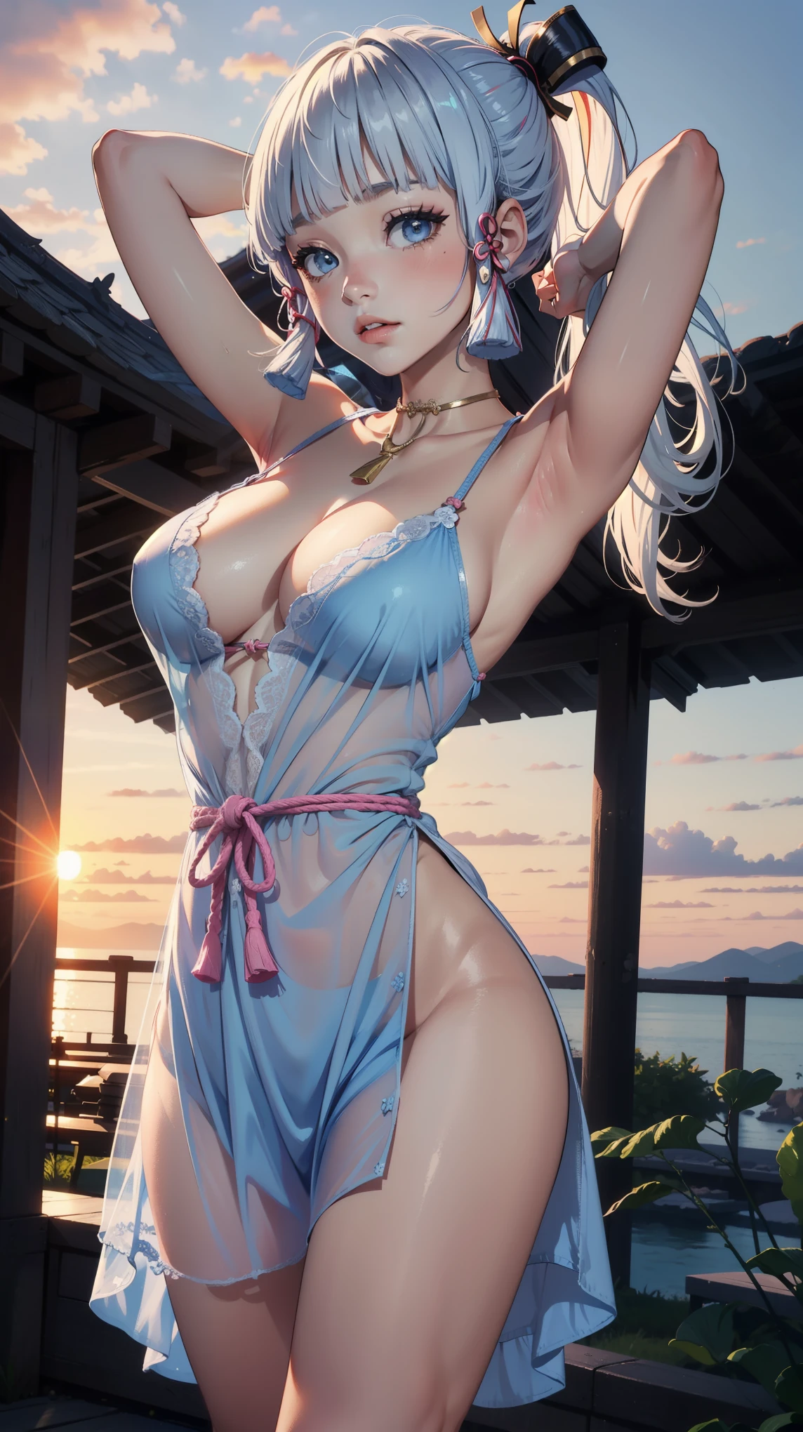 Masterpiece, high quality, 8k, ultra detail, 1 girl, ((kamisatoayakarnd)), blush, standing, (large breast), cleavage, (night gown:1), ((sunset:1.2)), off shoulders, ((armpits poses))