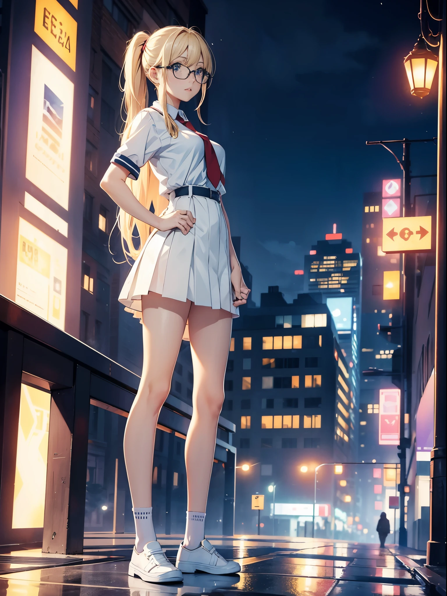 masterpiece, best quality, highres, 1girl, solo, high school uniform, bare legs, looking at viewer, light particles, city backdrop, perfect hands, perfect eyes, perfect legs, perfect arms, perfect fingers, blonde hair, blue eyes, medium breasts, long hair, standing, hands on hip, closed fists, hair down, glasses, ponytail, matching socks, full body shot