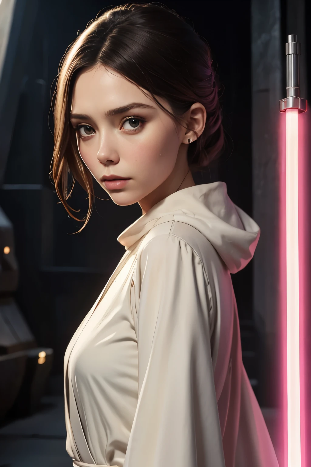 obra maestra, mejor calidad, Emilia Clarke as Qi'ra, brunette curly long hair, mid shot, running in a futuristic star wars room throne near a window at night, ajegao face, wide open eyes, wears a mini red mini skirt , dark side star wars sith, misterious, masterpiece, 8k, dinamic pose, holding a star wars gun, sensual, 