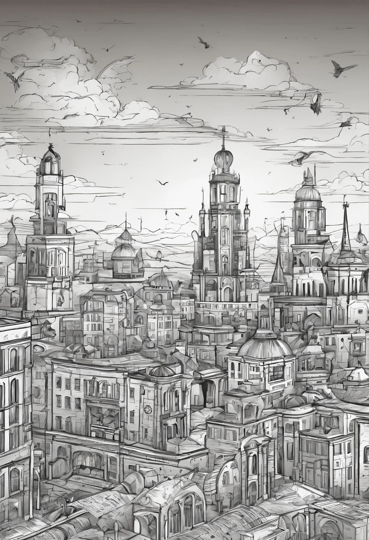 Steampunk ruined city Birds Eye pov at sunset