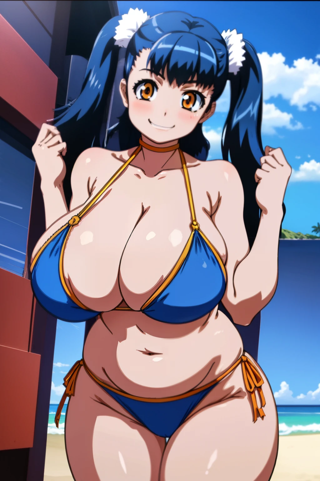 (masterpiece, highest quality), intricate details, , 1 girl, blue hair,orange eyes,twin tail,huge breasts,fang,tuile_(gravion),two side up, big breasts, clavicle, swimsuit, bikini, belly button, black bikini, strapless, bare shoulders, smile, cowboy shot, beach, sand, between legs,   