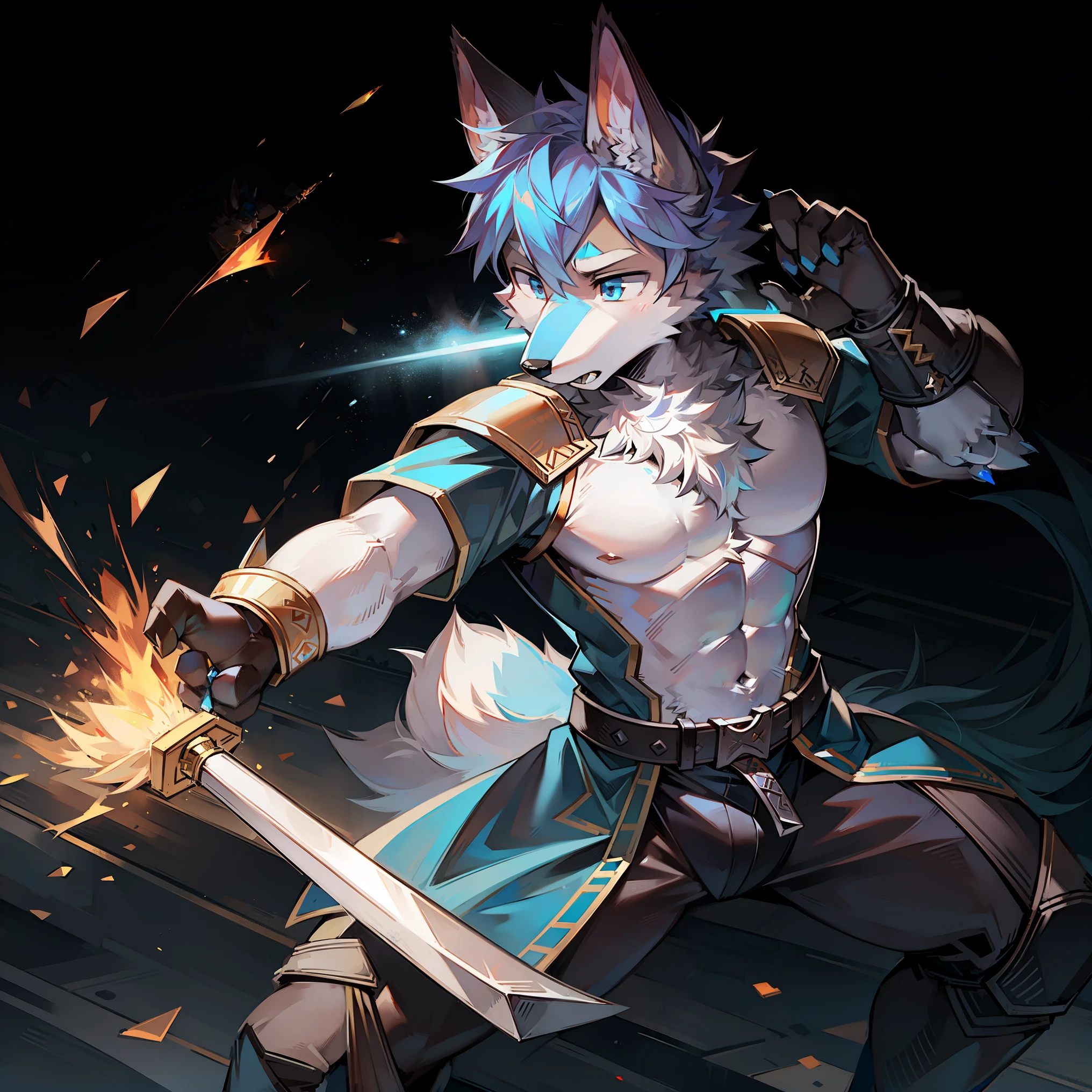 masterpiece, alone, a boy, of young children、Young body、Blue Hair、Furry, kemono, Shaggy Wolf, Anthropomorphic, male, (Blue Hair、Blue fur, Blue Skin), Covered in scars、Slender body、blue loincloth、Blue Helmet、Blue armor with shoulder pads、Blue shin rest、Has a steel sword, angry face, mouth opened、Screaming and charging forward、Dynamic figures、Outdoor、Burning castle in the background, Red Sky
