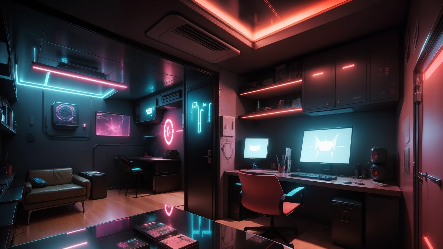 In the heart of a cyberpunk themed apartment, there lies a red-toned, futuristic room. The air is thick with the hum of technology and the faint glow of neon lights. A raided room serving as a study, equipped with a sleek desktop, chair, and a monitor that displays an intricate digital interface. The background radiates a futuristic scene, filled with towering holographic buildings and flying vehicles. The apartment, with its retro-futuristic vibe, is adorned with intricately detailed decorations, reminiscent of the Cgsociety 9 style. The furnishings are futuristic and ergonomic, with the