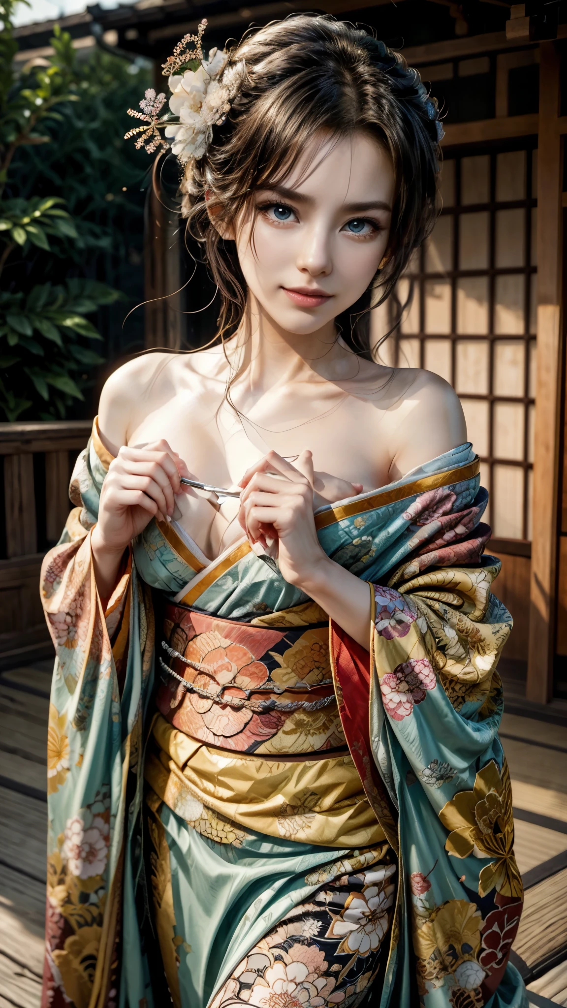 (RAW shooting:1.5, Photoreal:1.5, 8k, highest quality, masterpiece, ultra high resolution), Japan, world of magic and swords, perfect dynamic composition:1.2, Mysterious:1.3, Highly detailed skin and facial textures:1.3, Cute and sexy slim female swordsman, beautiful and aesthetic:1.2, cute and sexy beauty, perfect style, wear elaborate rings, Japan刀を持つ:1.3, fire, water, Wind, thunder, ice, Fair skin, very beautiful face, (Medium chest, Chest gap), (embarrassing smile, The expression on your face when you feel intense caress, Facial expression when feeling pleasure), (wear kimono sexy:1.1, off shoulder), (beautiful blue eyes, Eyes that feel beautiful eros:0.8), (Too erotic:0.9, Bewitching:0.9), full body shot, 背景にJapanの城