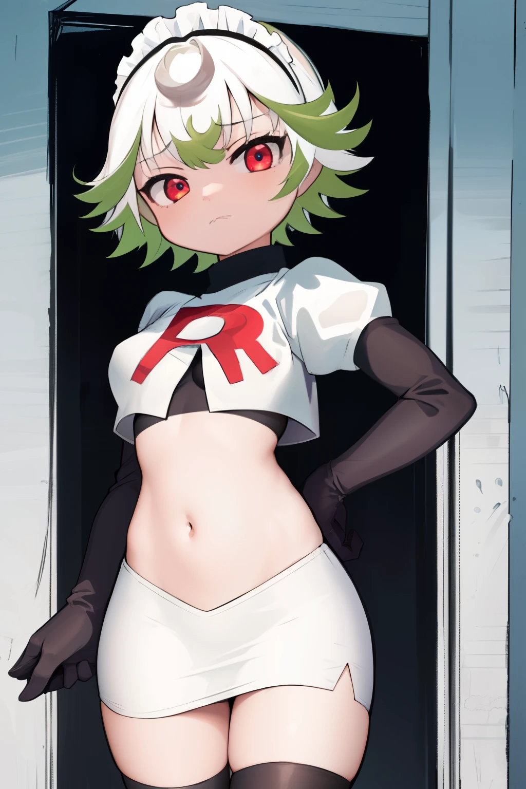 1girl, prushka, short hair, multicolored hair, medium breasts, maid headband, looking at viewer, :\, team rocket,team rocket uniform,white skirt,red letter R,crop top,black thigh-highs,black elbow gloves