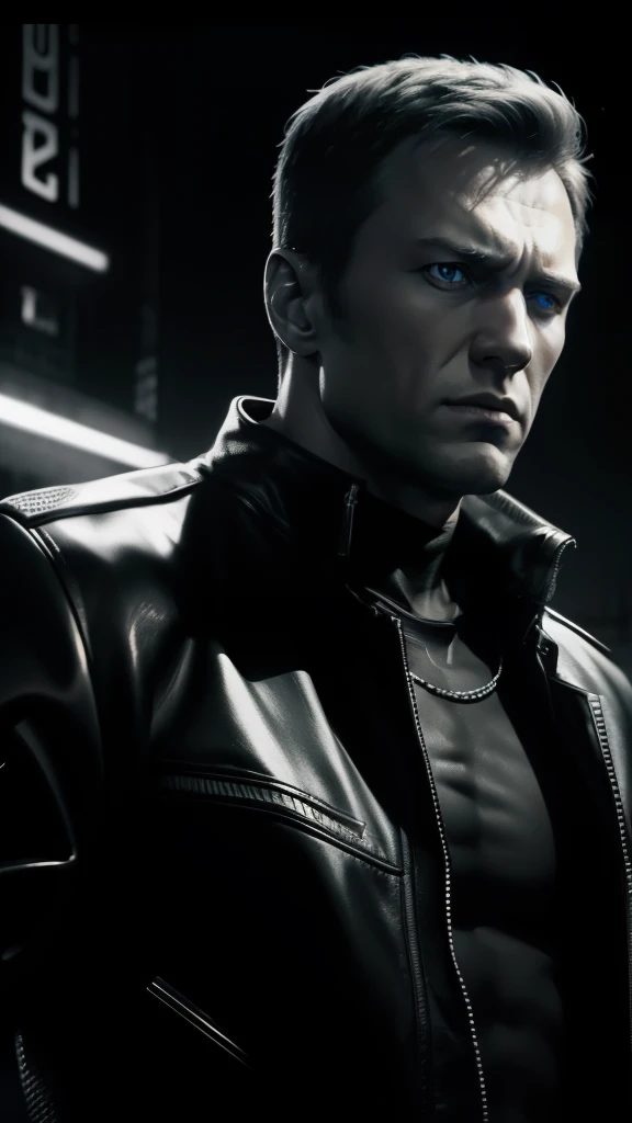 aleksei navalny Terminator movie poster, modelo T800, black and white photograph, metal gris, fondo negro oscuro, No bright or warm colors, sin colores, Dark night design, Bleak world.