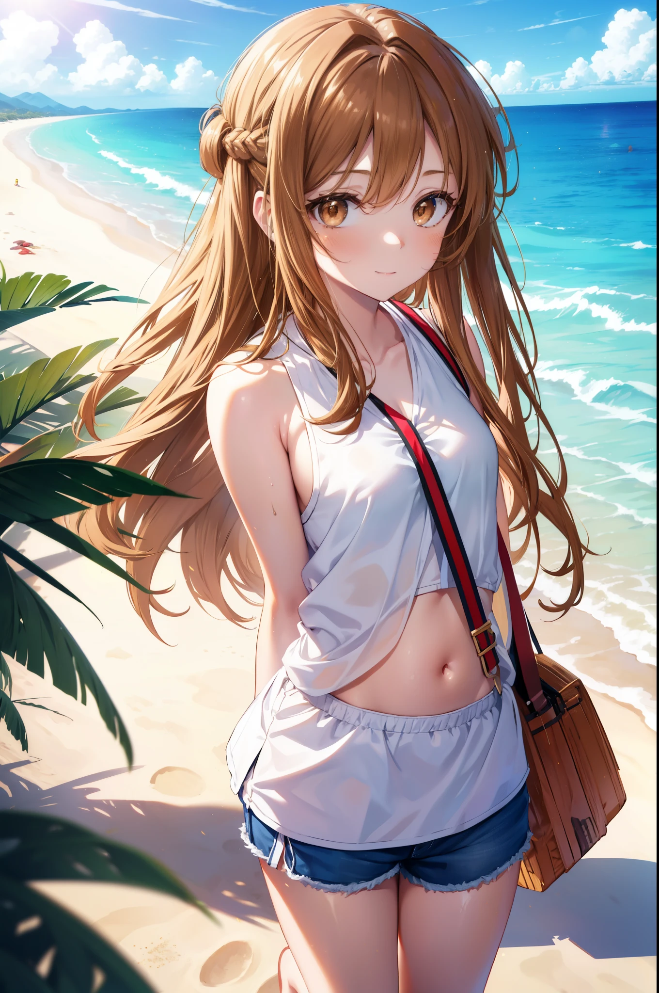 asunayuuki, asuna yuuki, long hair, brown hair, (brown eyes:1.8), medium chest,mouth open,smile,blush,sleeveless shirt,It's a bellybutton,shorts,Palm tree,parasol,beachチェア,peeping from above,put your hands behind your back,
break outdoors,beach,sandy beach, sun, null,
break looking at viewer,
break (masterpiece:1.2), highest quality, High resolution, unity 8k wallpaper, (figure:0.8), (detailed and beautiful eyes:1.6), highly detailed face, perfect lighting, Very detailed CG, (perfect hands, perfect anatomy),