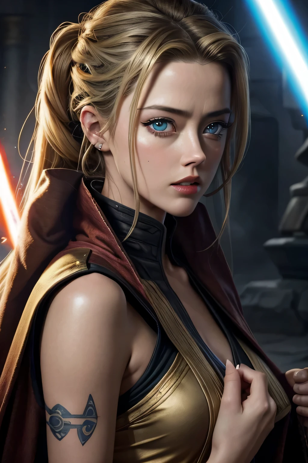 Amber Heard é uma Jedi, de guerra nas estrelas, Usando um sabre de luz, roupas jedi, em um templo, olho detalhado, Olhos perfeitos, olhos azuis, Detailed by hand, ultra detalhado