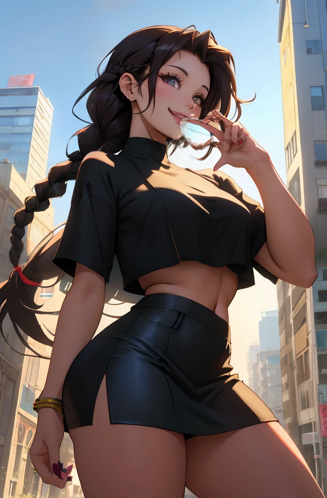 anime, 28 year old woman, taking a selfie, mischievous smile, long hair, dark hair color, stylish hairstyle, side hair long lush hair, long curls of hair pulled to the sides, Braids within the hair, curvy body, proportional body, sexy girl, beautiful mature girl, lovable character, crop top, short skirt, clarity, detailed, detailed face, very detailed drawing, smile, flirty look, city background,  saturated background, perfect composition, soft natural volumetric cinematic perfect light, masterpiece