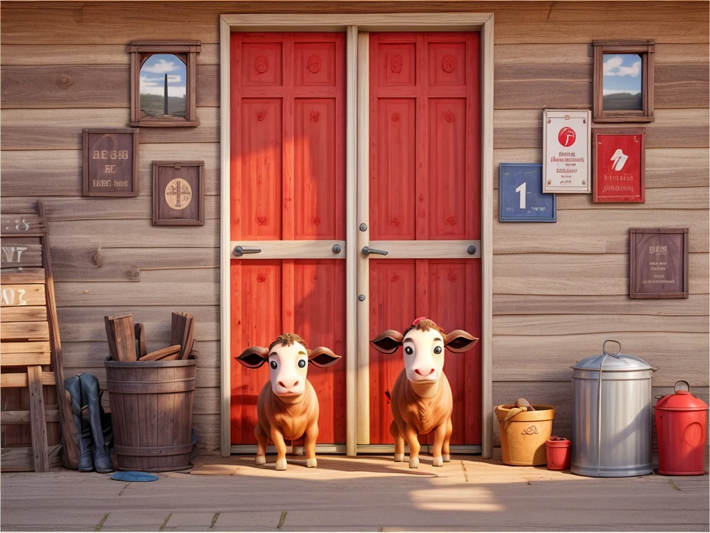 There is a barn，The door is red，It has a cow color pattern on it,pennant， Wild West theme, Western car theme, next to red barn, wild west setting, Cowboy theme, Inside the farm barn, inside the barn, best adobe stock, 西方background, 农场background, background, snapshot photo