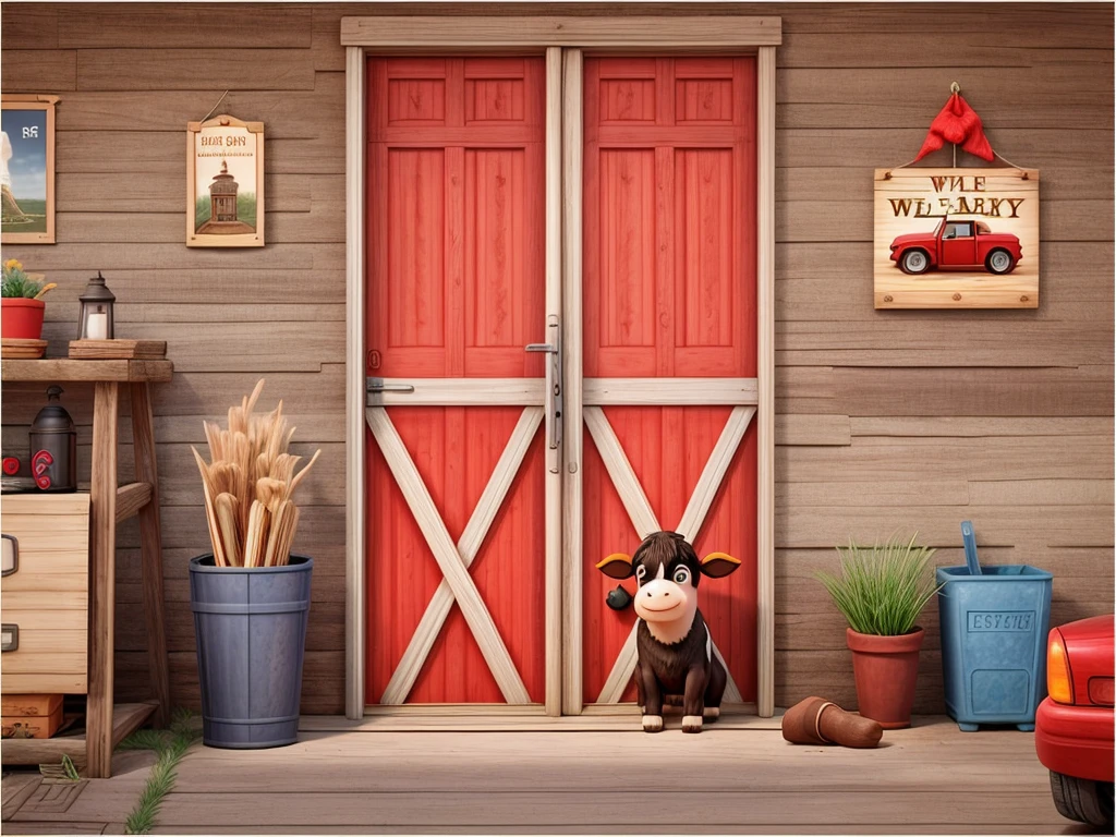 There is a barn,The door is red,It has a cow color pattern on it,pennant, Wild West theme, Western car theme, next to red barn, wild west setting, Cowboy theme, Inside the farm barn, inside the barn, best adobe stock, 西方background, 农场background, background, snapshot photo