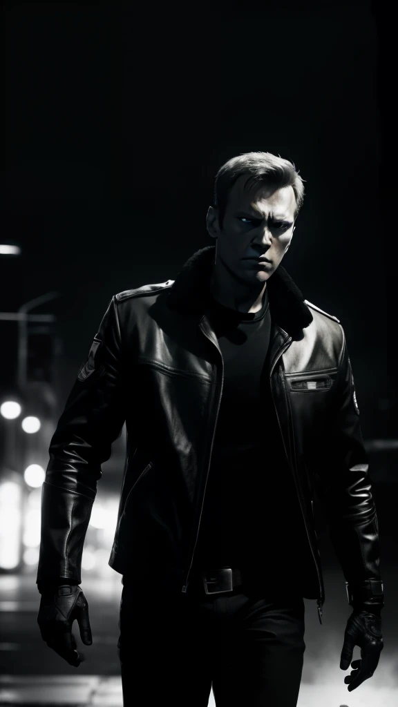 aleksei navalny Terminator movie poster, modelo T800, black and white photograph, metal gris, fondo negro oscuro, No bright or warm colors, sin colores, Dark night design, Bleak world.+