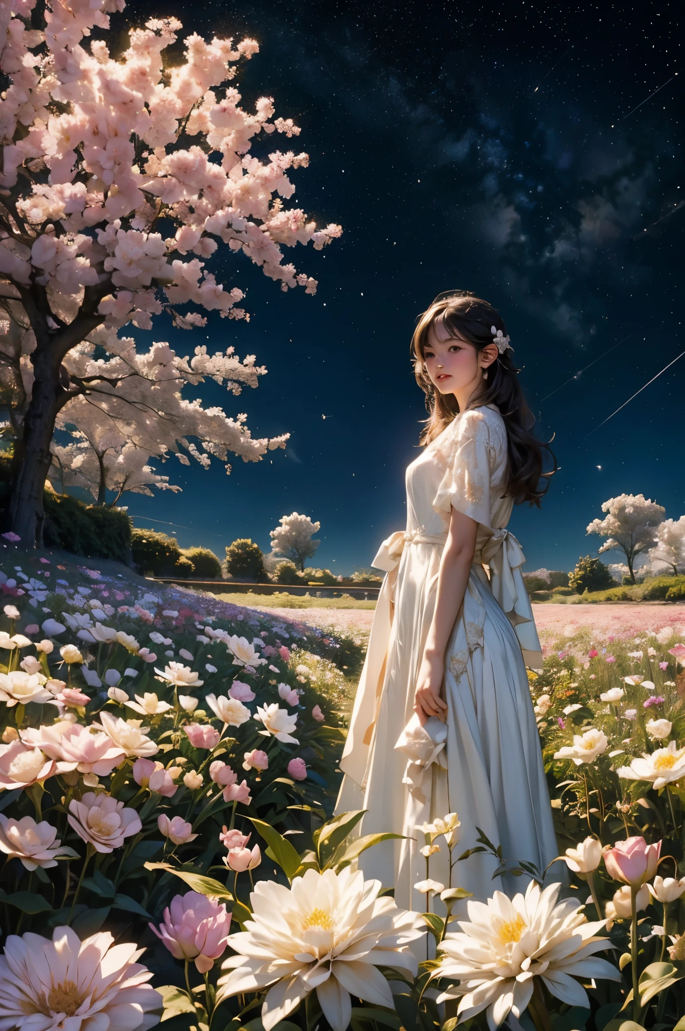 有A girl stands in the flower field仰望天空, A girl stands in the flower field, A girl walks in a flower field, Get lost in a dreamy wonderland, Standing in the flower field, fantastic numbers, The sky is gradually clearing up, The starry sky gradually receded