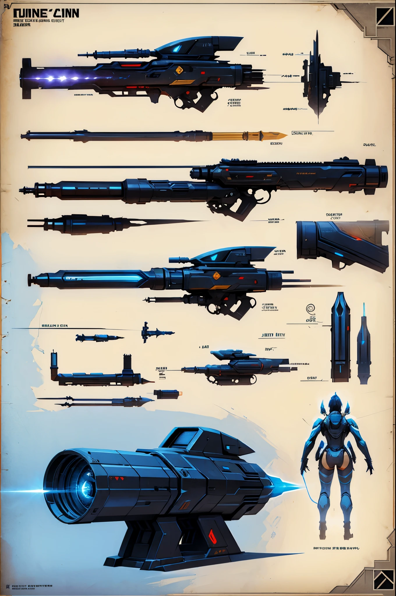 concept sheet of a fantasy sci-fi lance gun, nuclear heat laser cannon, side view, concept art, weapon only