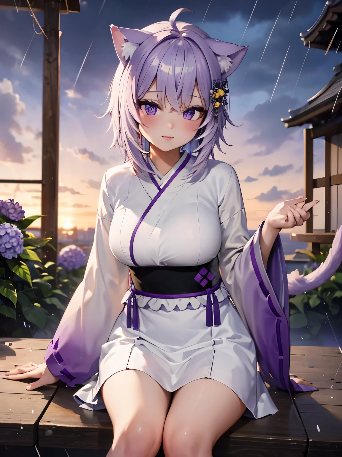 highest quality,wonderful,masterpiece,delicate,ultra high resolution,Super detailed,intricate details,beautiful,8K resolution,(Highly detailed CG Unity 8k wallpaper),sharp focus、1 female、okayudefault, cat tail, ahoge、Purple-based kimono、old fashioned japanese costumes、hydrangea、outdoors、rain